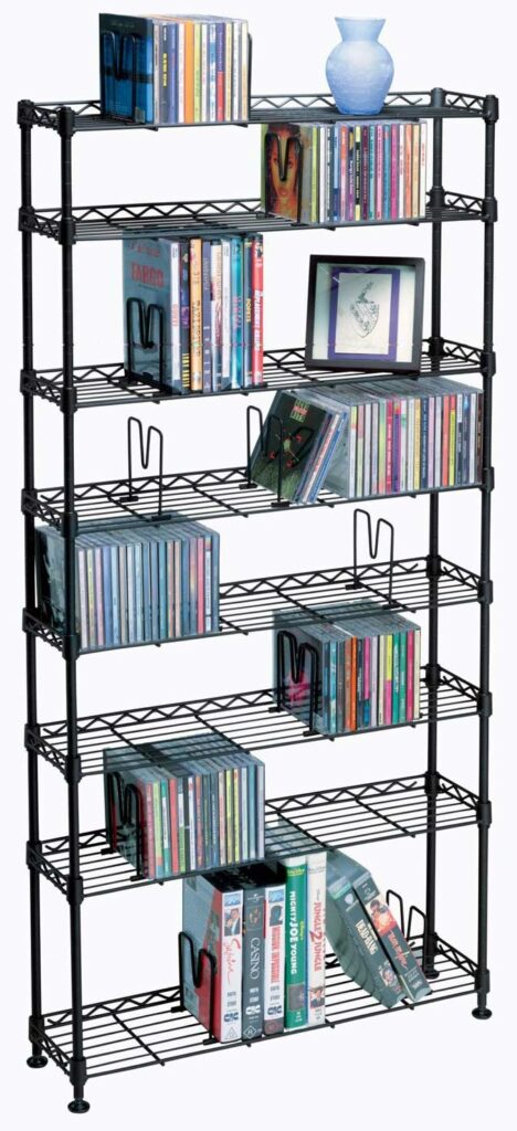 Atlantic Maxsteel 8-Tier Heavy Gauge Steel Wire Storage Shelving holds up to 440 CDs, 228 DVDs, or 264 Blu-Ray/Video Game discs. Also great for organizing collectibles/memorabilia, in Black – PN 3020